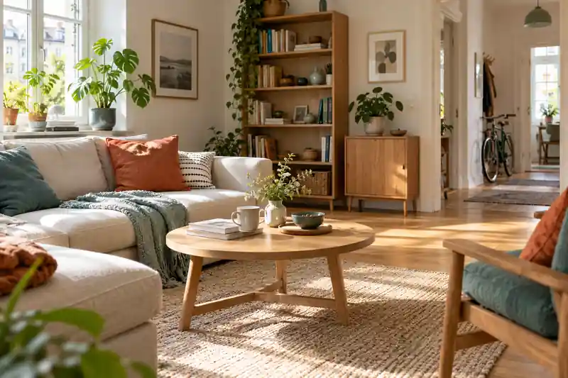 Illustratives KI-Motiv: Helles Wohnzimmer mit Möbeln, Büchern und einer Zimmerpflanze.